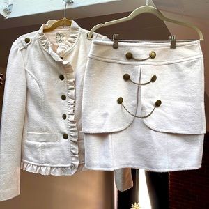 Tulle Ivory Wool Ruffle Military Blazer (L) & Skirt (XL) Suit Set